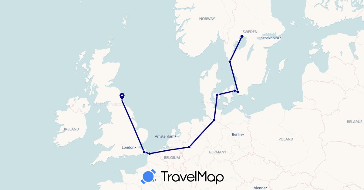 TravelMap itinerary: driving in Germany, Denmark, France, United Kingdom, Sweden (Europe)